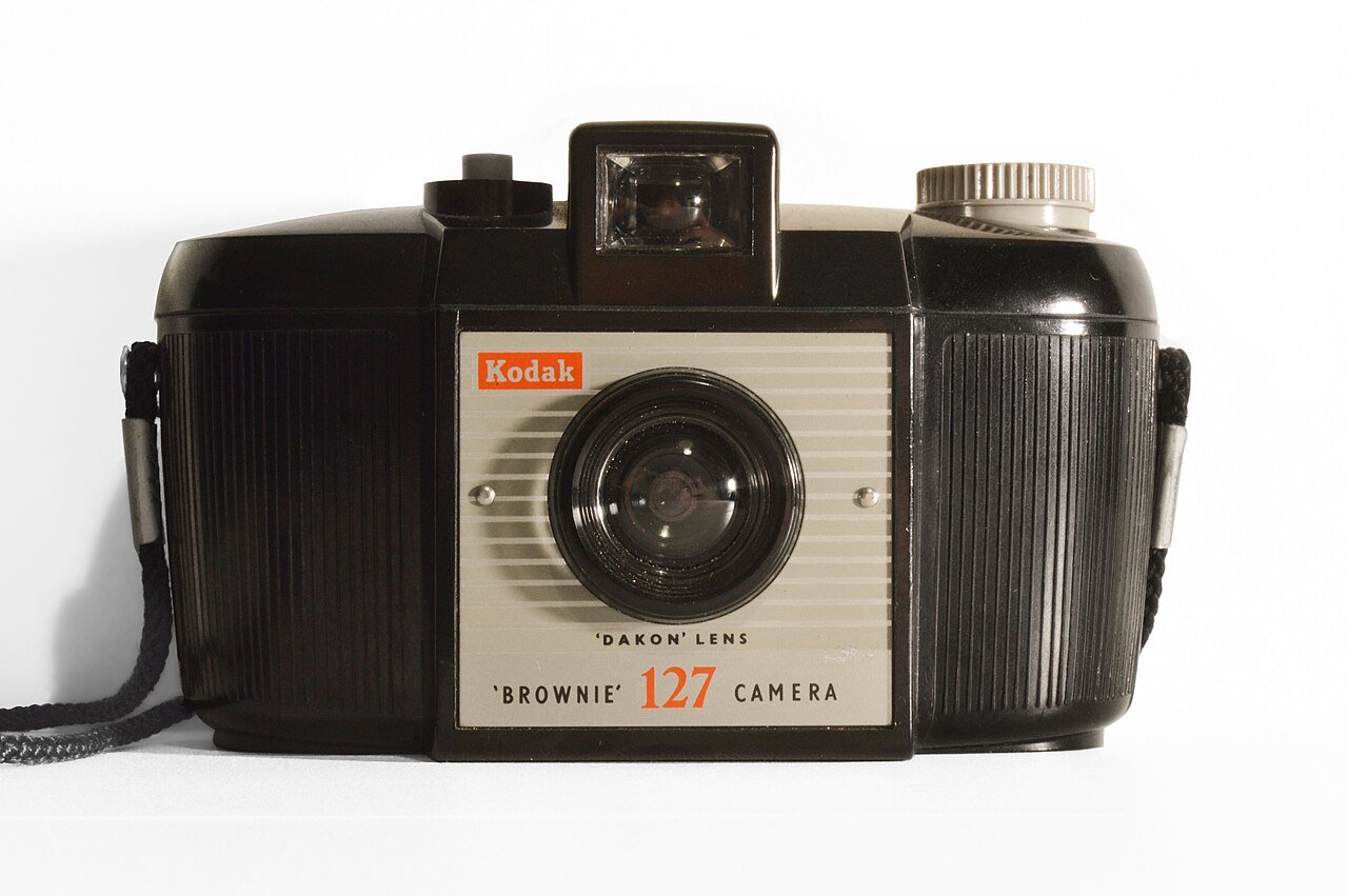Kodak: Front view of Kodak Brownie 127 camera.