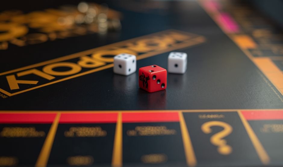 Monopoly — High-quality close-up photo of dice on a classic Monopoly board game, highlighting the gaming experience.