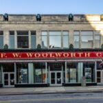 The Rise and Fall of Woolworth’s Retail Empire — Front view of historic F.W. Woolworth building, Greensboro, North Carolina,