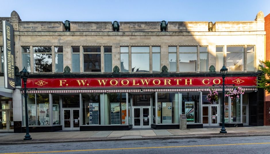 The Rise and Fall of Woolworth’s Retail Empire — Front view of historic F.W. Woolworth building, Greensboro, North Carolina,